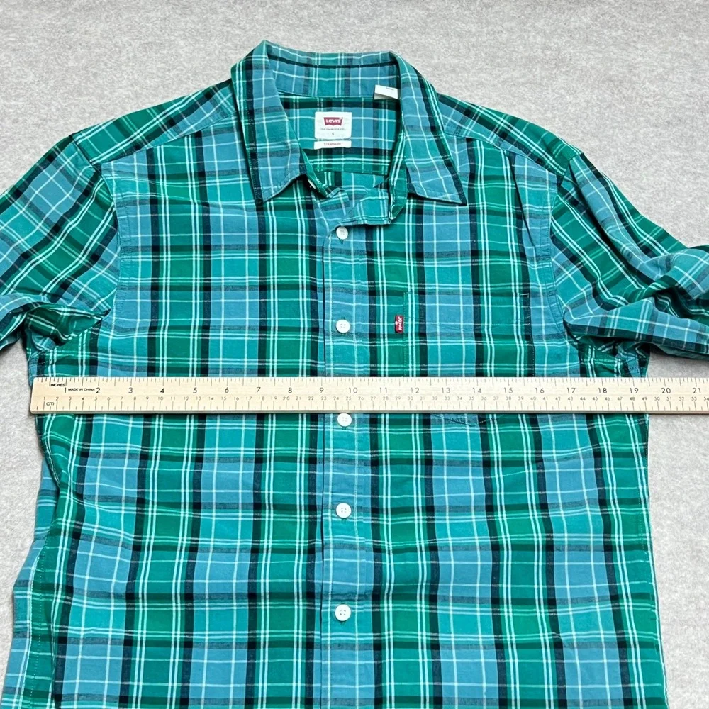 Levis Mens Standard Fit Plaid Button‎ Down Shirt Green Teal Hemp Blend Small EUC
